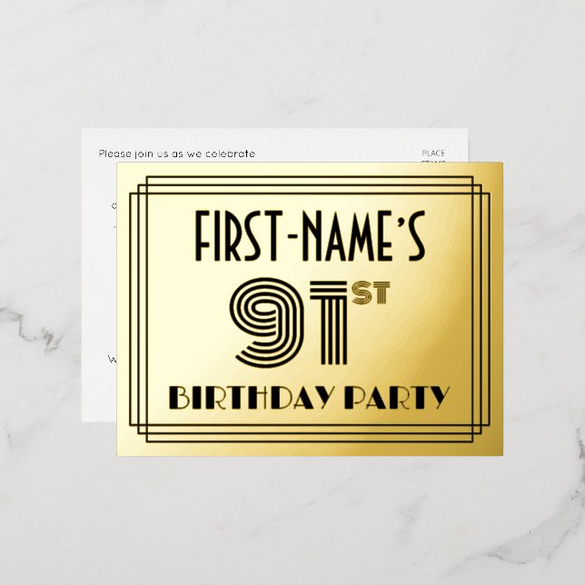 Invitación Postal Con Relieve Metalizado 91ª Fiesta de Cumpleaños ~ Estilo Art Deco "91" +  (Anverso/Reverso)