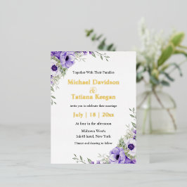 Invitación Postal Con Relieve Metalizado acuarela morado floral dorado boda moderno
