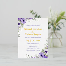 Invitación Postal Con Relieve Metalizado acuarela morado floral dorado moderno boda de moda