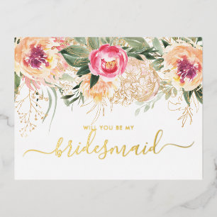 Invitación Postal Con Relieve Metalizado Acuarela Peonías Rosadas ¿Serás mi Dama de Honor?