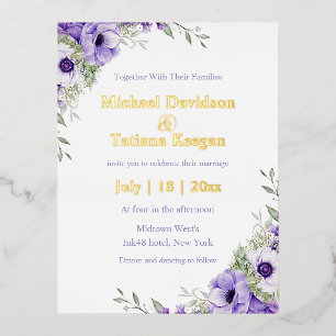Invitación Postal Con Relieve Metalizado acuarela púrpura floral dorado boda moderna chic