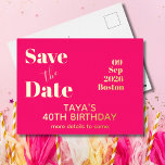 Invitación Postal Con Relieve Metalizado Ahorre la fecha de cumpleaños en Pink Gold<br><div class="desc">Una simple tarjeta postal de invitación de Ahorro de fecha de estilo moderno con foil dorado. Cambie fácilmente la información para la suya. Moderno rosa y dorado.</div>