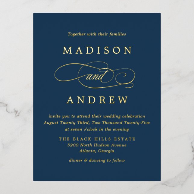 Invitación Postal Con Relieve Metalizado Amada marina y Boda de oro (Anverso)