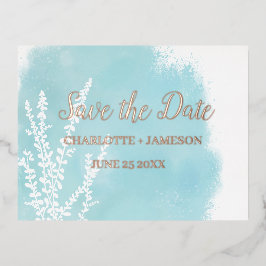 Invitación Postal Con Relieve Metalizado Aqua Blue Acuarela Botánica Lavado   