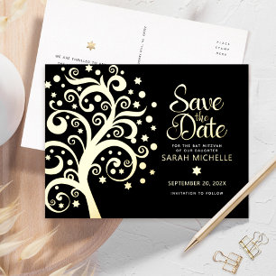 Invitación Postal Con Relieve Metalizado Árbol de la Vida Negro Dorado Guardar Fecha Bat Mi