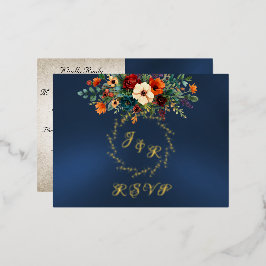 Invitación Postal Con Relieve Metalizado Autumn Floral & Wreath RSVP - Blue