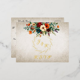 Invitación Postal Con Relieve Metalizado Autumn Floral & Wreath RSVP - Cream