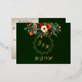 Invitación Postal Con Relieve Metalizado Autumn Floral & Wreath RSVP - Emerald