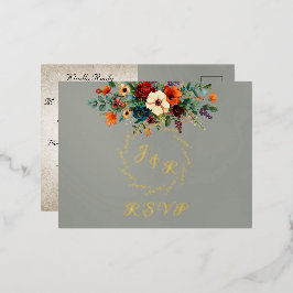 Invitación Postal Con Relieve Metalizado Autumn Floral & Wreath RSVP - Sage
