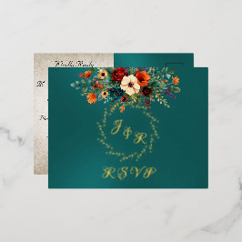 Invitación Postal Con Relieve Metalizado Autumn Floral & Wreath RSVP - Teal