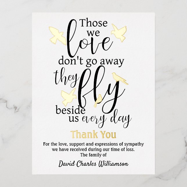 Invitación Postal Con Relieve Metalizado Ave Gracias Funeral Volar A Nuestro Lado (Anverso)