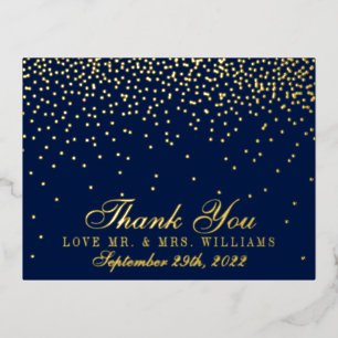 Invitación Postal Con Relieve Metalizado Azul marino y Boda de Glam Confetti gracias de ver