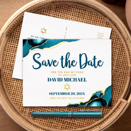 Invitación Postal Con Relieve Metalizado Bar Mitzvah Fecha de Guardado Turquesa Ágata Oro R