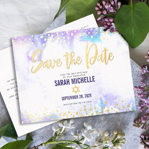 Invitación Postal Con Relieve Metalizado Bat Mitzvah Guardar Fecha Purpura Acuarela Oro Rea