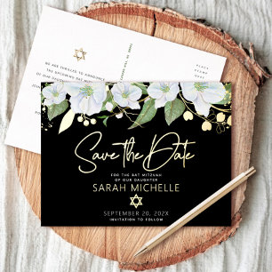 Invitación Postal Con Relieve Metalizado Bat Mitzvah Salvar Fecha Floral Negro Oro Real