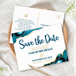 Invitación Postal Con Relieve Metalizado Bat Mitzvah Save Date Turquoise Agate Real Gold