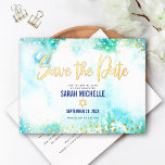 Invitación Postal Con Relieve Metalizado Bat Mitzvah Save Date Turquoise Watercolor Gold<br><div class="desc">¡Asegúrate de que todos tus amigos y parientes puedan celebrar el hito de tu hija Bat Mitzvah! Envíe este impresionante, moderno, brillante y real Relieve metalizado de oro, puntos purpurinas y escritura manuscrita sobre un fondo de color azul turquesa, postal personalizada de la invitación "Save the Date". Personalice el texto...</div>