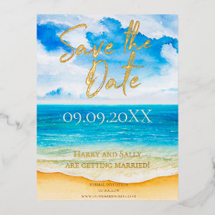 Invitación Postal Con Relieve Metalizado Beach Destination Save the Date Watercolor