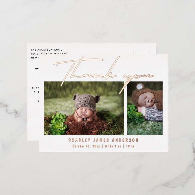 Invitación Postal Con Relieve Metalizado Bebé Foto Gracias A Su Nacimiento De Guión Moderno (Anverso/Reverso)