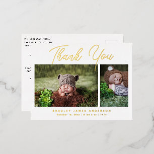 Invitación Postal Con Relieve Metalizado Bebé Foto Gracias A Su Nacimiento De Guión Moderno