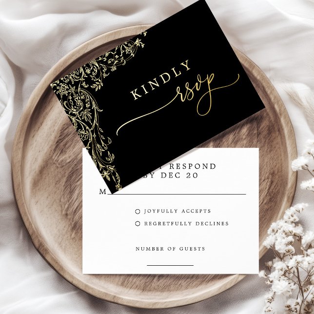 Invitación Postal Con Relieve Metalizado Black and Gold Filigree Wedding Response Card (Black and Gold Filigree Wedding Response Card)