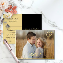 Invitación Postal Con Relieve Metalizado Black and gold Modern Photo Wedding RSVP