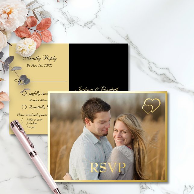 Invitación Postal Con Relieve Metalizado Black and gold Modern Photo Wedding RSVP (Subido por el creador)