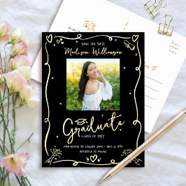 Invitación Postal Con Relieve Metalizado Black Doodles Graduation Save Date Photo Real Gold