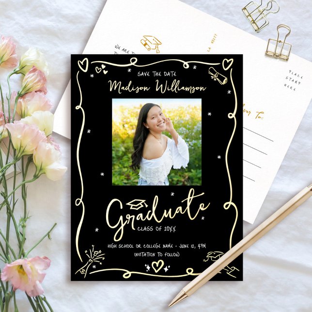 Invitación Postal Con Relieve Metalizado Black Doodles Graduation Save Date Photo Real Gold (Subido por el creador)