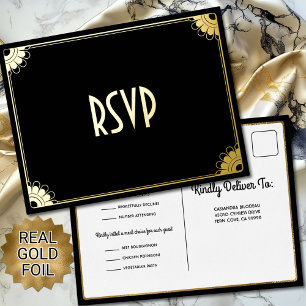 Invitación Postal Con Relieve Metalizado Black Gold Art Deco Moda Boda floral RSVP Respuest