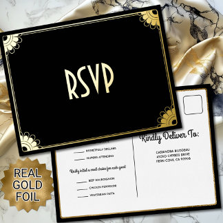 Invitación Postal Con Relieve Metalizado Black Gold Art Deco Moda Boda floral RSVP Respuest