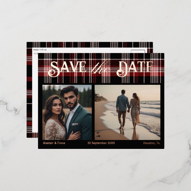 Invitación Postal Con Relieve Metalizado Black & Red Scottish Tartan Save the Date (Anverso/Reverso)