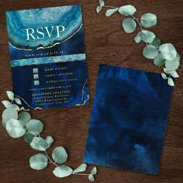 Invitación Postal Con Relieve Metalizado Blue Gold Galaxy Agate Wedding RSVP