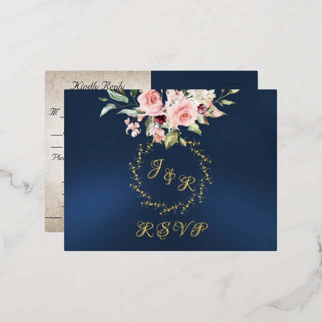 Invitación Postal Con Relieve Metalizado Blush Floral & Wreath RSVP - Blue (Anverso/Reverso)