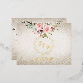 Invitación Postal Con Relieve Metalizado Blush Floral & Wreath RSVP - Cream
