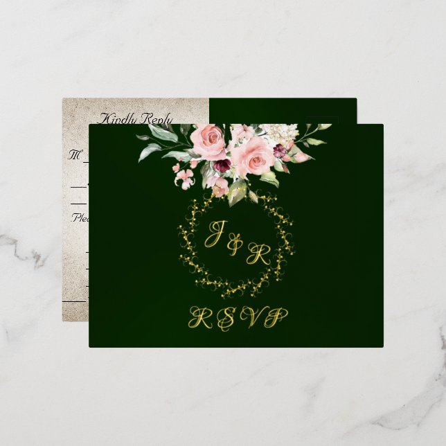 Invitación Postal Con Relieve Metalizado Blush Floral & Wreath RSVP - Emerald (Anverso/Reverso)