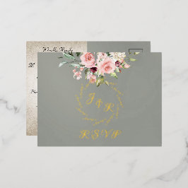 Invitación Postal Con Relieve Metalizado Blush Floral & Wreath RSVP - Sage