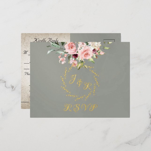 Invitación Postal Con Relieve Metalizado Blush Floral & Wreath RSVP - Sage (Anverso/Reverso)