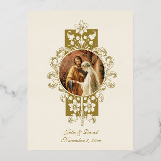 Invitación Postal Con Relieve Metalizado Boda Angelus Prayer Virgen Betrothal