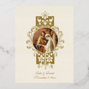 Invitación Postal Con Relieve Metalizado Boda Angelus Prayer Virgen Betrothal