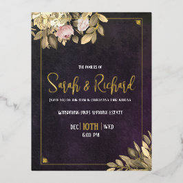 Invitación Postal Con Relieve Metalizado Boda Botánica de Lujo en Negro Carbón Art Déco