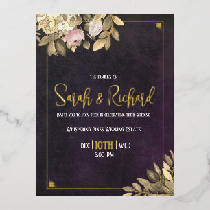 Invitación Postal Con Relieve Metalizado Boda Botánica de Lujo en Negro Carbón Art Déco