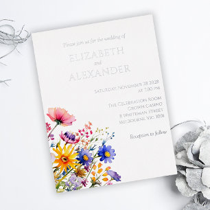 Invitación Postal Con Relieve Metalizado Boda brillante de plata y flores silvestres