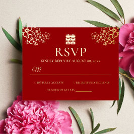 Invitación Postal Con Relieve Metalizado Boda chino florido rojo en flor de cerezo RSVP