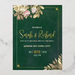 Invitación Postal Con Relieve Metalizado Boda con hoja de oro esmeralda verde