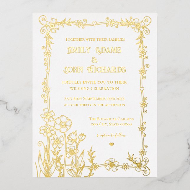 Invitación Postal Con Relieve Metalizado Boda con mano floral dorada y blanca (Anverso)