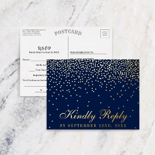 Invitación Postal Con Relieve Metalizado Boda Confetti Azul y Glam RSVP Real