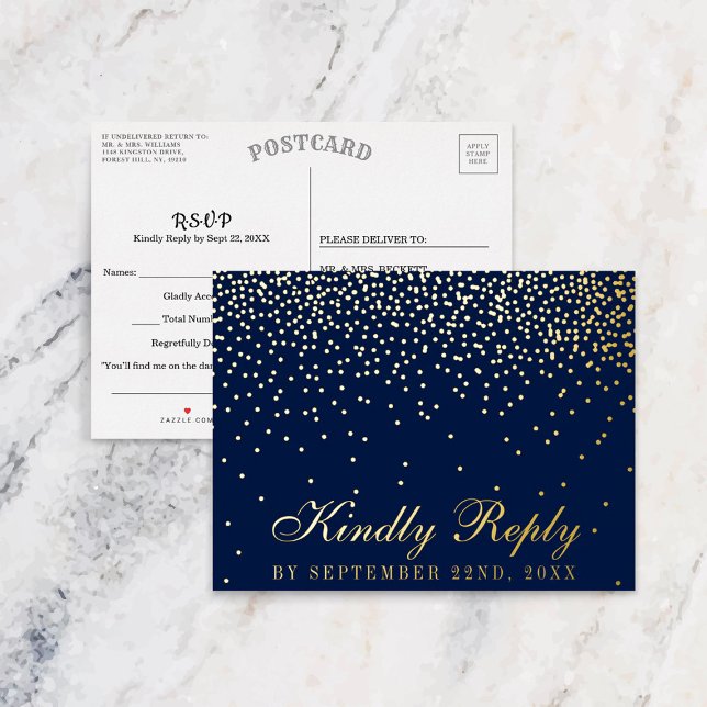 Invitación Postal Con Relieve Metalizado Boda Confetti Azul y Glam RSVP Real (Subido por el creador)
