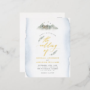 Invitación Postal Con Relieve Metalizado Boda de  de montaña y hojas de color azul del país