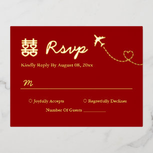 Invitación Postal Con Relieve Metalizado Boda de destino roja doble felicidad rsvp
